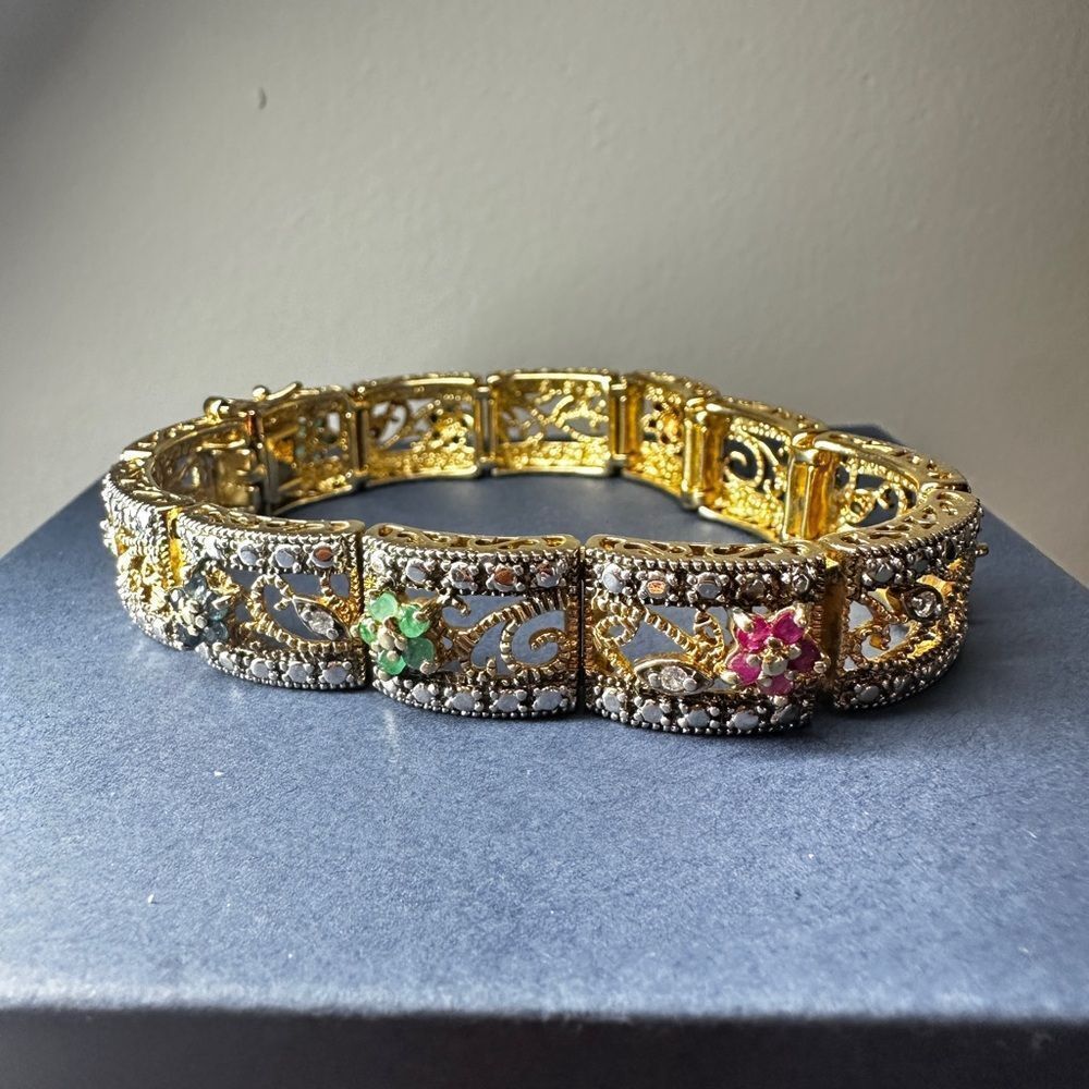 7.25" AMAZING‎ 14k over 925, ruby, sapphire, emerald and diamond bracelet!
